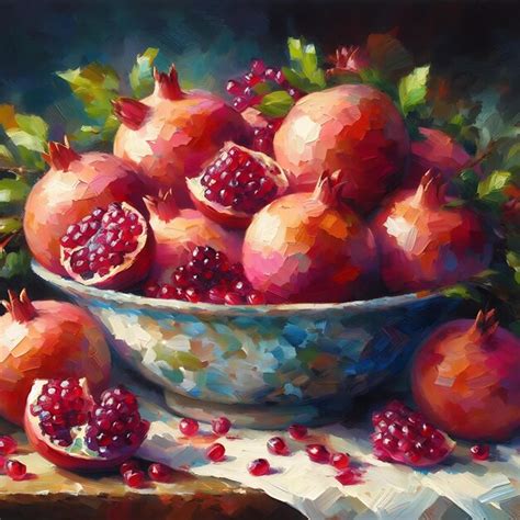 Premium Ai Image Basket Of Pomegranates Neutraltoned Oil Painting