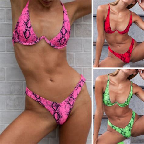 Womens Sexy Push Up Brazilian Bikini Set Snakeskin Triangle Micro Thong