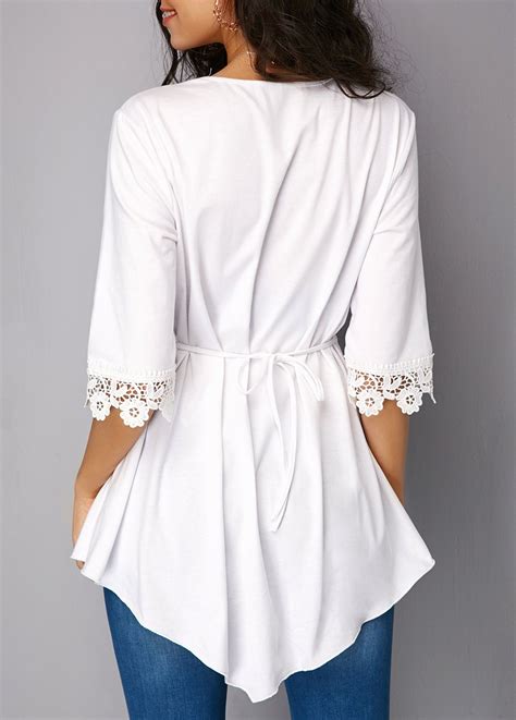 White Asymmetric Hem Lace Panel Half Sleeve Blouse Rotita Usd