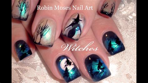 Diy Halloween Nails Witches Flying Over Moon Nail Art Design Tutorial