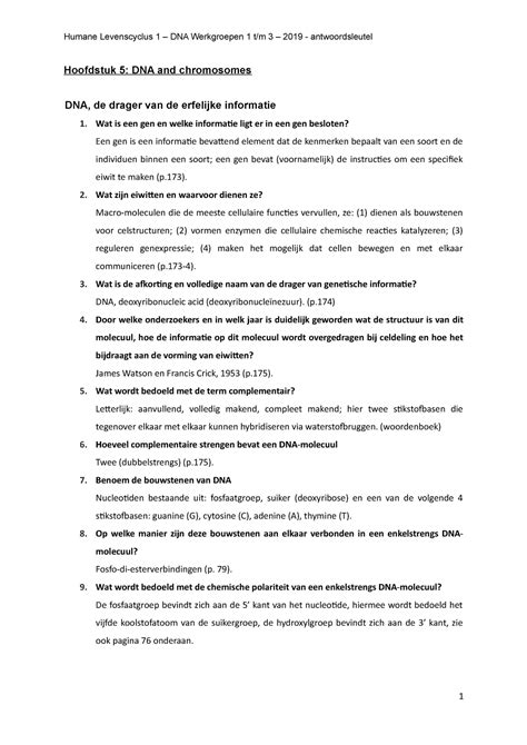 HL 1 Antwoorden Werkboek Hoofdstuk 5 DNA And Chromosomes DNA De