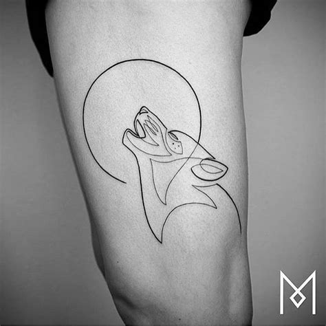 Continuous Line Wolf Tattoo On The Left Thigh