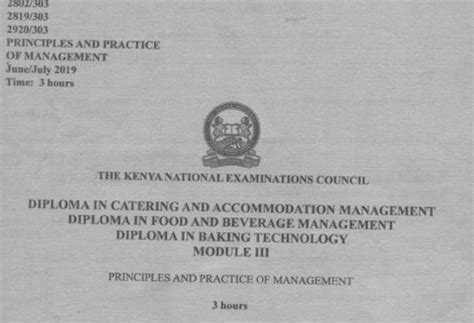 Diploma In Food And Beverage Management Module 3 Knec Past Papers