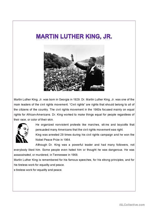 Martin Luther King Reading An English Esl Worksheets Pdf Doc