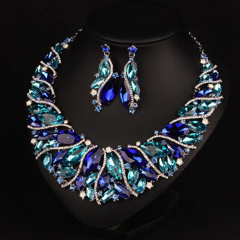 Blue Green and Yellow Charm Crystal Glass Luxury Big Statement Necklace ...