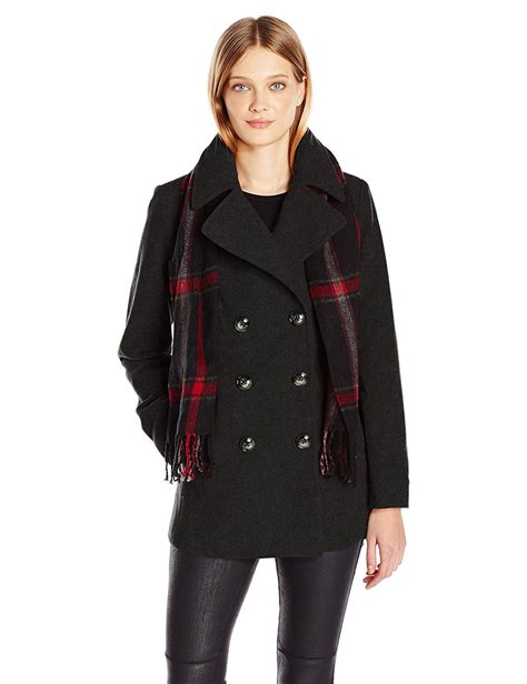 London Fog Womens Plus Size Double Breasted Peacoat With Scarf Plus