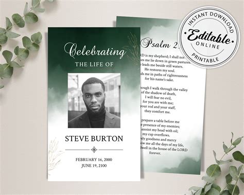 Editable Funeral Prayer Card Template Printable Memorial Etsy