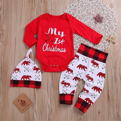 3 Piece Baby My 1st Christmas Bodysuit And Animal Pants With Hat Set