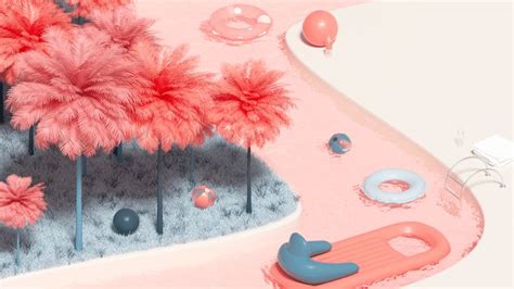 A Pink And Blue Landscape With Trees Doughnuts And Other Items On The