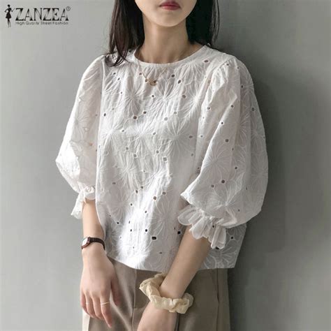 Zanzea Korean Style Women 3 4 Sleeve O Neck Shirts Tee Lace Crochet