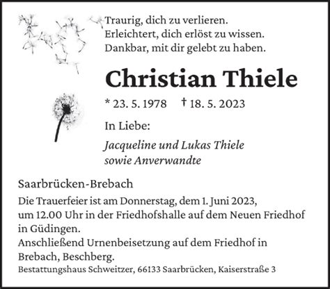 Traueranzeigen Von Christian Thiele Saarbruecker Zeitung Trauer De