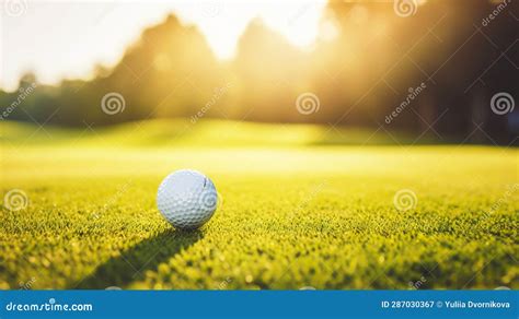 Close Up Of Golf Ball On Green Grass Of Golf Course Sunny Day Blurred Backdrop Generative Ai