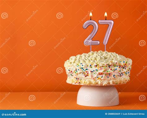 Candle Number 27 - Vanilla Cake in Orange Background Stock Image - Image of anniversary, candle ...