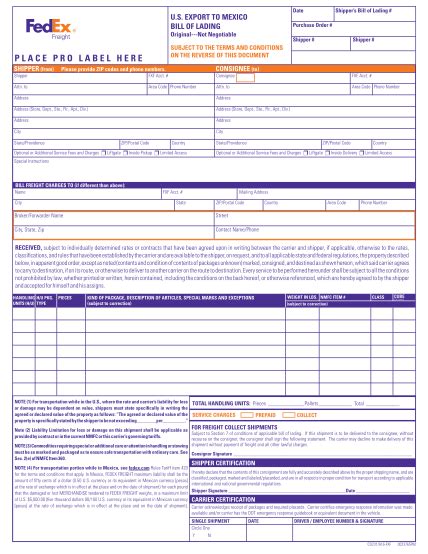 Blank FedEx Bill Of Lading