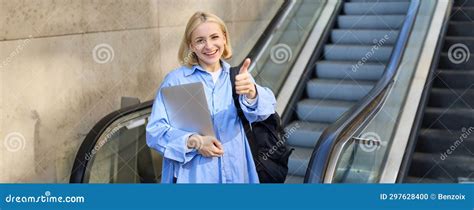 Friendly, Smiling Young Woman, College Student with Laptop and Backpack ...