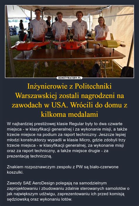 In Ynierowie Z Politechniki Warszawskiej Zostali Nagrodzeni Na Zawodach