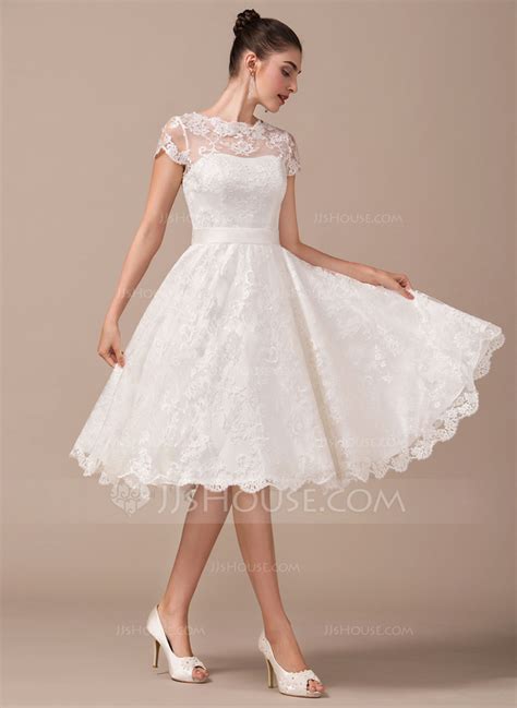 A Line Illusion Knee Length Lace Wedding Dress With Bow S 002068791