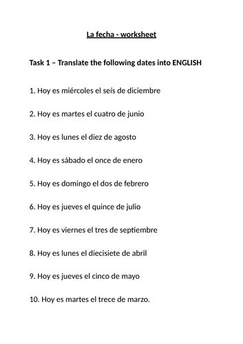 La Fecha Worksheet Teaching Resources