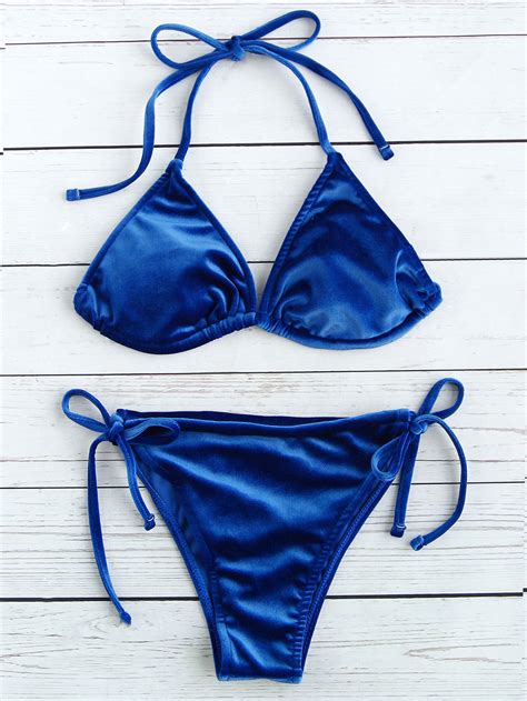 Side Tie Velvet Triangle Bikini Set SheIn Sheinside