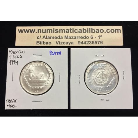 MEXICO 1 PESO 1994 ARTE AZTECA CHAAC MOOL KM 572 MONEDA DE PLATA SC 1 4