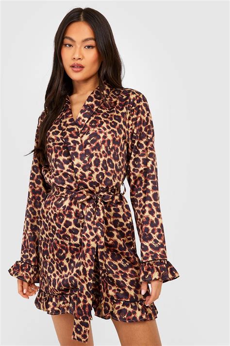 Premium Satin Leopard Frill Robe Boohoo Uk