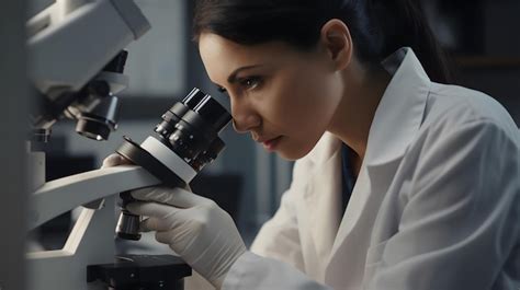 Premium Ai Image A Woman In A Lab Coat Looks Through A Microscope