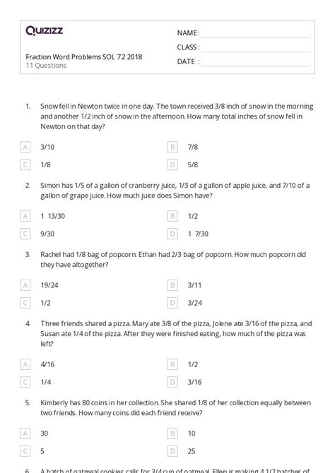 50 Fraction Word Problems Worksheets For 6th Grade On Quizizz Free