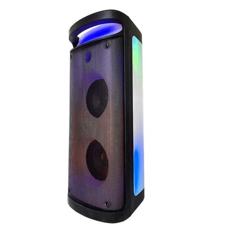 the speaker is black and has blue lights on it