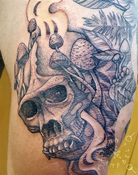 Skull With Mushrooms And Smoke Black And Grey Thigh Tattoo By John