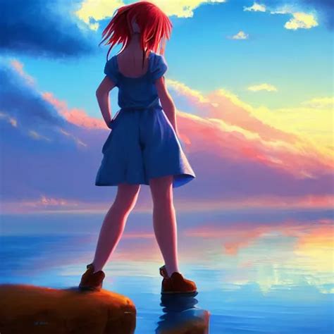 Krea An Painting Of Anime Girl Standing On The Lake With Cumulus