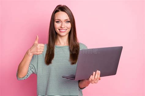 Portrait Of Optimistic Sweet Brunette Long Hair Lady Approval Laptop