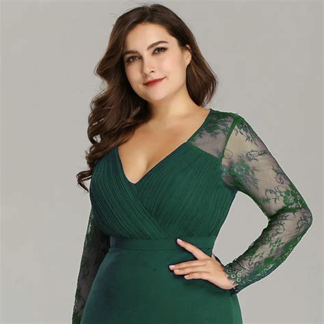 Plus Size Long Sleeve Lace V Neck Evening Dress Online