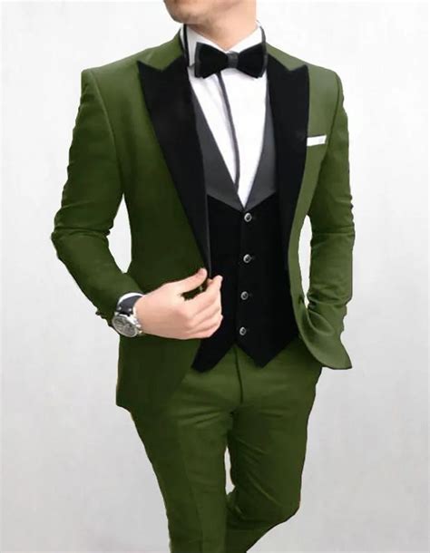 Olive Green Peak Lapel Groom Tuxedo Set Suit For Mens Mens Wedding Wear