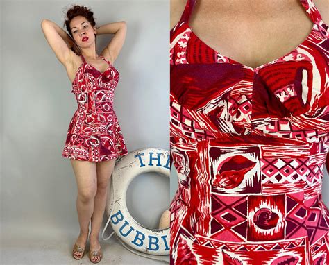 1950s Shelly In Shells Swimsuit Vintage 50s Red And White Cotton Tiki