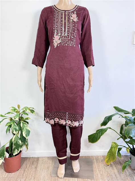 Dark Marron Color straight pant suit with heavy embroidery work ...