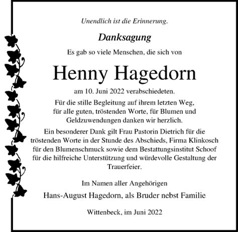 Traueranzeigen Von Henny Hagedorn Trauer Anzeigen De