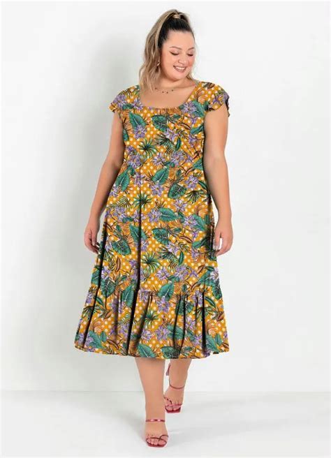 Vestido Midi Poá Floral Amarelo Plus Size Marguerite