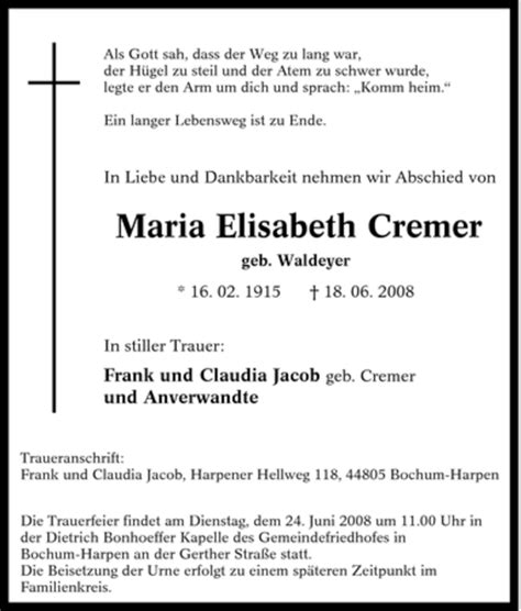 Traueranzeigen Von Maria Elisabeth Cremer Trauer In NRW De