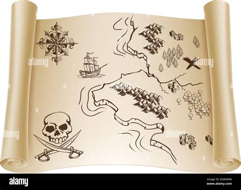 An Illustration Of An Old Treasure Map On A Rolled Up Paper Scroll Stock Vector Art