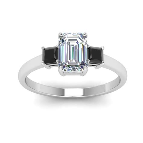 3 Stone Emerald Cut Engagement Ring With Black Diamond In 18k White