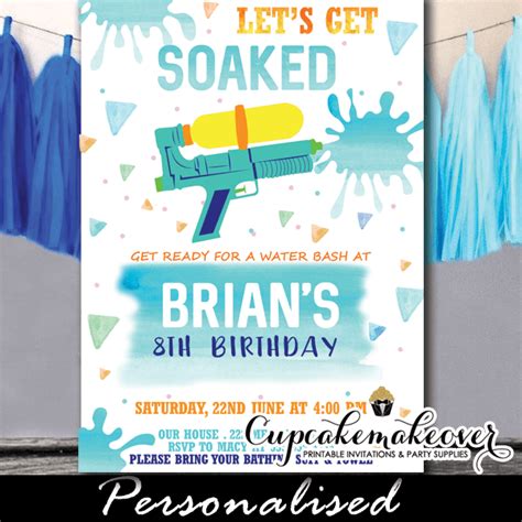 Blue Water Gun Birthday Party Invitations Cupcakemakeover