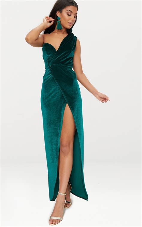 Emerald Green Velvet Wrap One Shoulder Extreme Split Maxi Dress