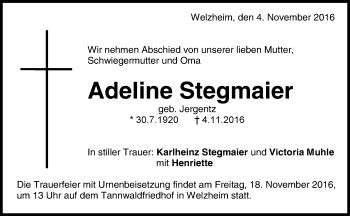 Traueranzeigen Von Adeline Stegmaier Zvw Trauer