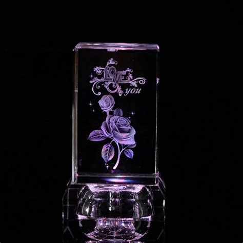 K9 Crystal Ts 3d Laser Engraved Crystal Glass Cube Photo Rose Flowers With Led Light Wedding