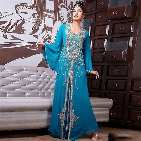 Saudi Arabia Blue Chiffon Evening Dresses 2017 Long Sleeves Abiye Dubai