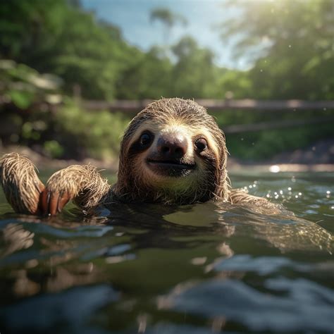 Premium Ai Image Cute Swimming Sloth With Hanging Tongue Generative Ai