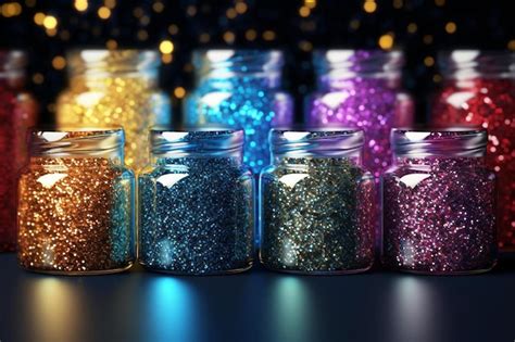 Premium Photo A Row Of Glass Jars With Glitter And Glitter On Them