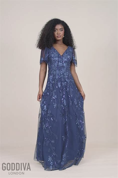 Flared Sleeve Embroidered Maxi Dress Navy