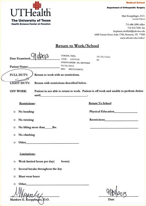 Light Duty Work Restrictions Letter From Doctor Sample