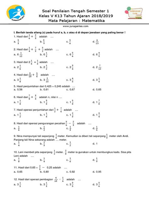 Soal Pts Matematika Kelas 5 Semester 1 K13 Tahun 2019 2020 Pdf